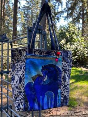 Laurel Burch Indigo Horses Canvas Tote Bag with Geometric Pattern